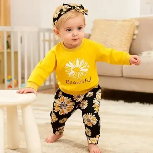 AMAWMW Infant Baby Girl Clothes Long Sleeve Loose Sweatshirts Pockets Pants Headband Outfits Fall Winter Spring Gift - 5