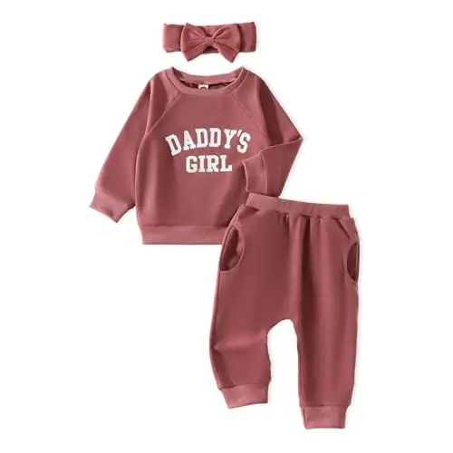 AMAWMW Infant Baby Girl Clothes Long Sleeve Loose Sweatshirts Pockets Pants Headband Outfits Fall Winter Spring Gift 
