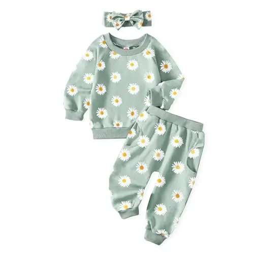 AMAWMW Infant Baby Girl Clothes Long Sleeve Loose Sweatshirts Pockets Pants Headband Outfits Fall Winter Spring Gift - 1