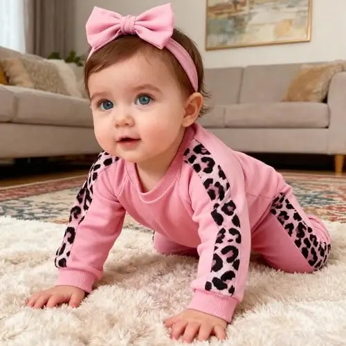 AMAWMW Infant Baby Girl Clothes Long Sleeve Loose Sweatshirts Pockets Pants Headband Outfits Fall Winter Spring Gift - 3