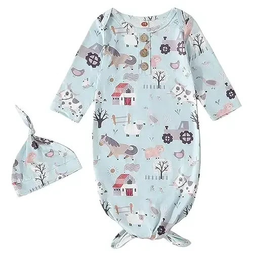 AMAWMW Newborn Baby Boys Girls Cartoon Sleeper Gown Long Sleeve Mountain Nightgown Hat Outfits - AMAWMW