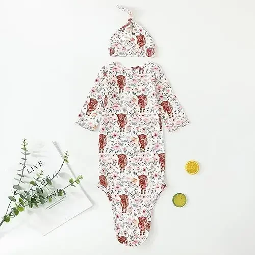 AMAWMW Newborn Baby Boys Girls Cartoon Sleeper Gown Long Sleeve Mountain Nightgown Hat Outfits - 3
