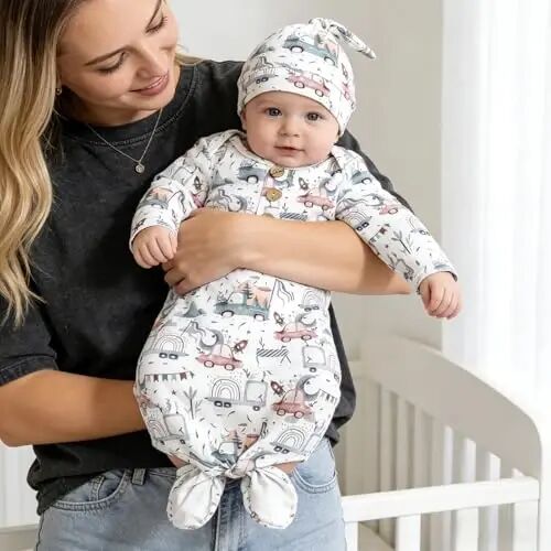 AMAWMW Newborn Baby Boys Girls Cartoon Sleeper Gown Long Sleeve Mountain Nightgown Hat Outfits - 3