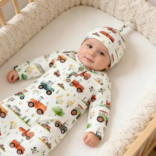 AMAWMW Newborn Baby Boys Girls Cartoon Sleeper Gown Long Sleeve Mountain Nightgown Hat Outfits - 2