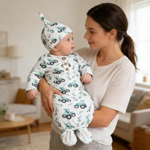 AMAWMW Newborn Baby Boys Girls Cartoon Sleeper Gown Long Sleeve Mountain Nightgown Hat Outfits - 3