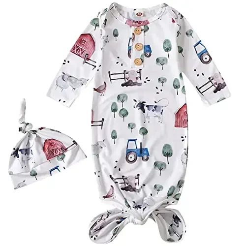 AMAWMW Newborn Baby Boys Girls Cartoon Sleeper Gown Long Sleeve Mountain Nightgown Hat Outfits 