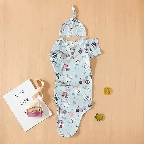 AMAWMW Newborn Baby Boys Girls Cartoon Sleeper Gown Long Sleeve Mountain Nightgown Hat Outfits - 2