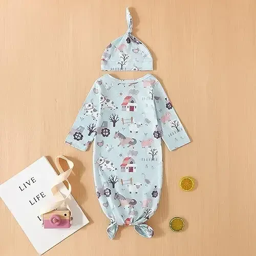 AMAWMW Newborn Baby Boys Girls Cartoon Sleeper Gown Long Sleeve Mountain Nightgown Hat Outfits - 3