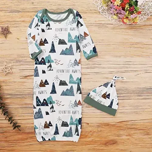 AMAWMW Newborn Baby Boys Girls Cartoon Sleeper Gown Long Sleeve Mountain Nightgown Hat Outfits - 3