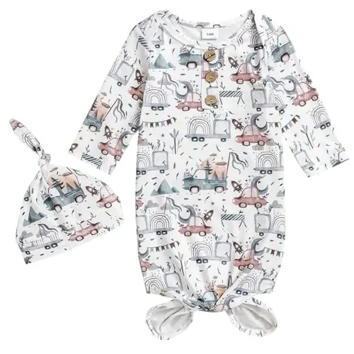 AMAWMW Newborn Baby Boys Girls Cartoon Sleeper Gown Long Sleeve Mountain Nightgown Hat Outfits - 1