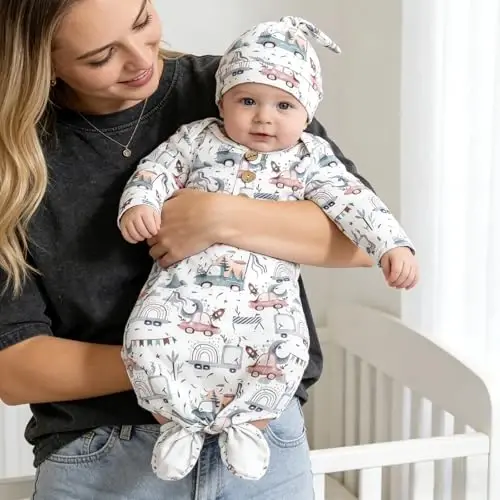 AMAWMW Newborn Baby Boys Girls Cartoon Sleeper Gown Long Sleeve Mountain Nightgown Hat Outfits - 3