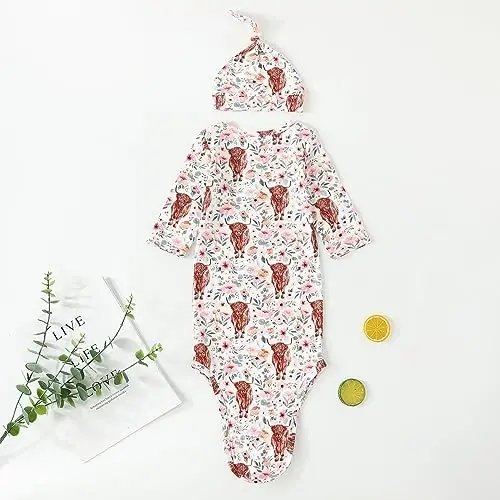 AMAWMW Newborn Baby Boys Girls Cartoon Sleeper Gown Long Sleeve Mountain Nightgown Hat Outfits - 3