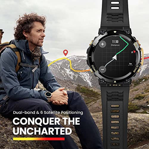 Amazfit T-Rex 2 Aql Soati Erkaklar Uchun, Ikkita To'lqinli & 6 Sun'iy Yo'ldosh Joylashuvi, 24 Kunlik Batareya Umri, Ultra Past Haroratli Ish, Mustahkam Tashqi GPS Harbiy Soat, Qora Oltin (Yangilaydigan) - 2