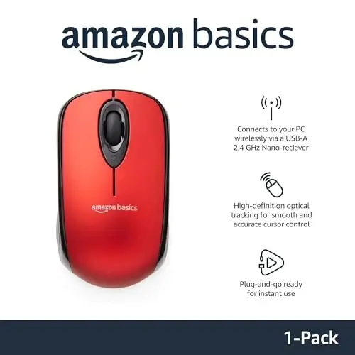 Amazon Basics 2.4 GHz Optical Wireless Mouse for Laptop and Computer, USB Nano Receiver, Red - 2