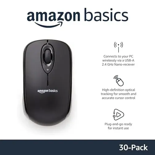 Amazon Basics 2.4 Ghz USB Nano qabul qilgichli simsiz optik kompyuter sichqonchasi, qora, 30 dona - 2
