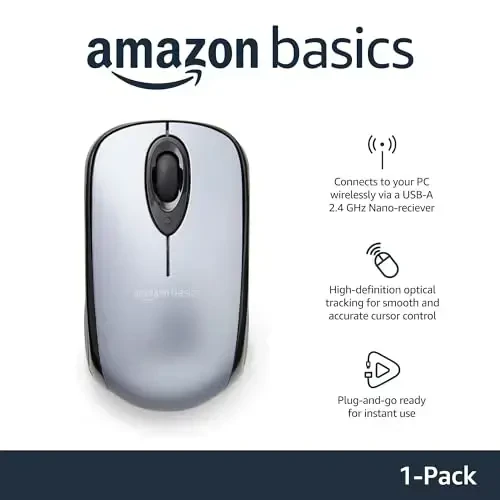 Amazon Basics 2.4 Ghz USB Nano qabul qiluvchisi, kumush rangli simsiz optik kompyuter sichqonchasi - 2