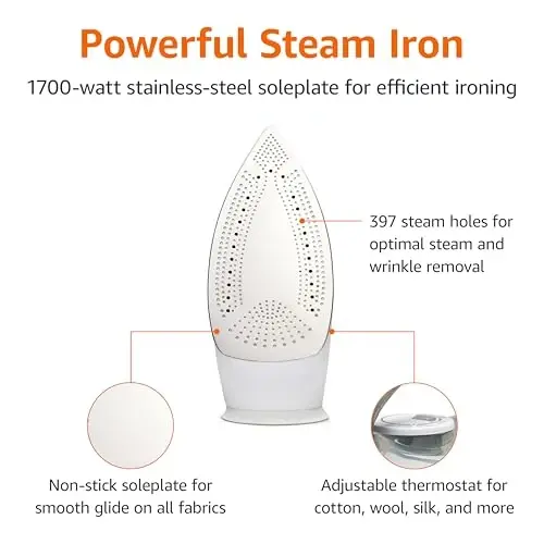 Amazon Basics Steam Iron for Clothes with Safety Auto Shut-Off, Handheld Steamer, Steel Soleplate, 1700-Watt, 1.62ft, Gray - 2