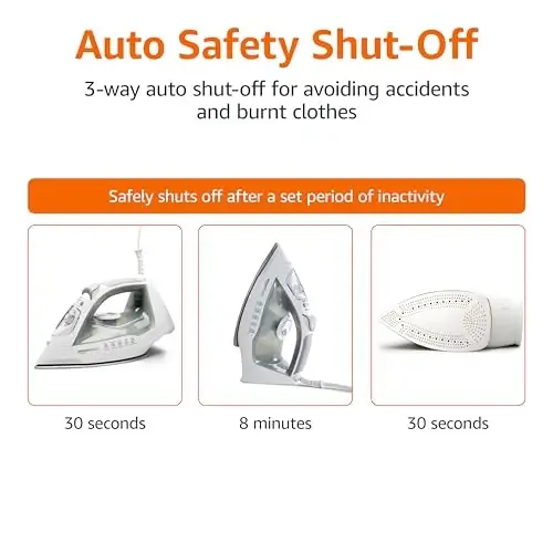 Amazon Basics Steam Iron for Clothes with Safety Auto Shut-Off, Handheld Garment Steamer, Wrinkle Remover, Stainless Steel Soleplate, Anti-Drip, 1700-Watt, 1.62ft, Gray - 3