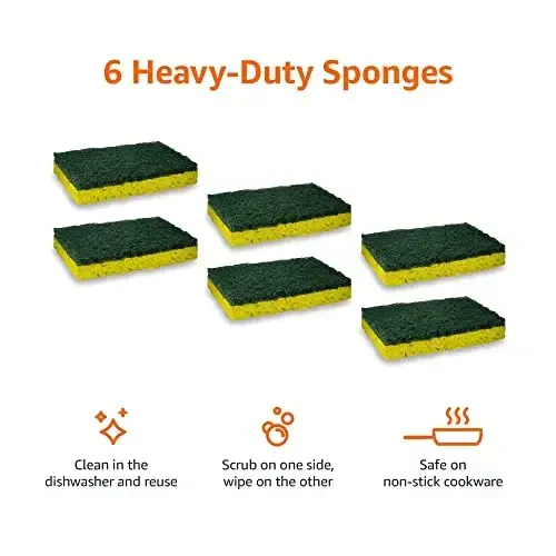 Amazon Basics Cleaning Sponges, Multipurpose, Heavy Duty Scrub Sponges, Yellow/Green, 12-Pack (2 Packs of 6) - 2
