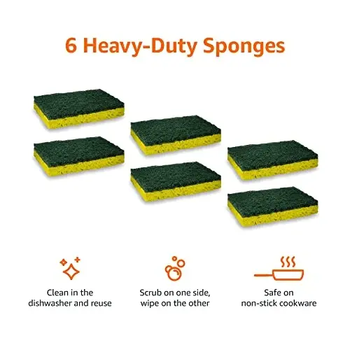 Amazon Basics tozalash uchun gubkalar, ko'p maqsadli, og'ir yuk uchun skrab gubkalar, sariq/yashil, 12 dona (6 donadan 2 ta paket) - 2