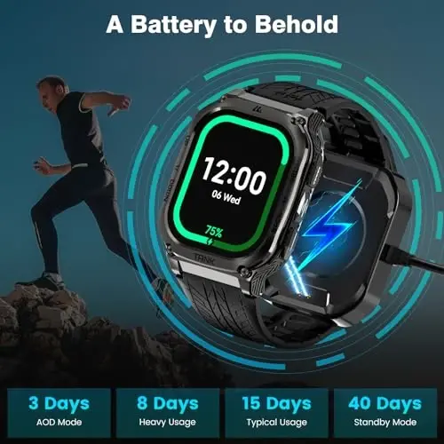 AMAZTIM Smart Watch, 60 Days Extra-Long Battery, 50M Waterproof, Rugged Military Bluetooth Call(Answer/Dial Calls), 2.0