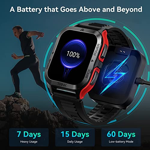 AMAZTIM Smart Watch, 60 Days Extra-Long Battery, 50M Waterproof, Rugged Military Bluetooth Call(Answer/Dial Calls), 1.85