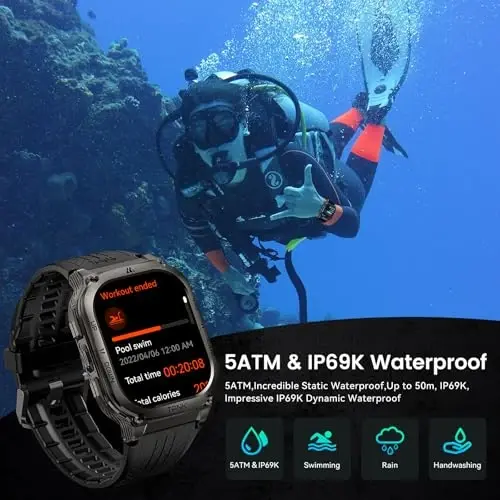 AMAZTIM Smart Watch, 60 Kunlik Qo'shimcha Uzoq Batareya, 50M Suvga Chidamli, Bardoshli Harbiy Bluetooth Qo'ng'iroq (Javob berish/Qo'ng'iroq qilish), 2.0