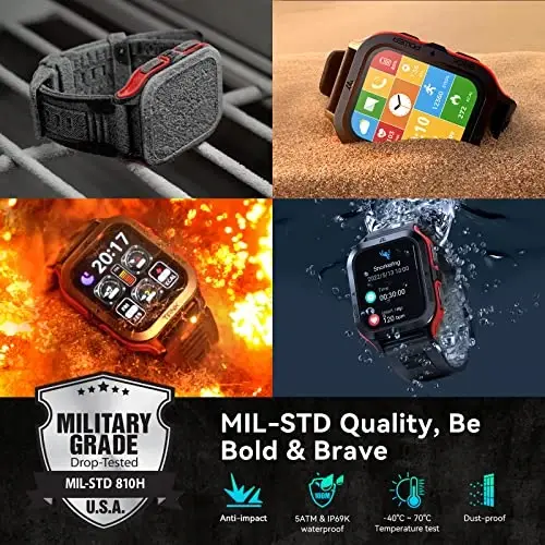 AMAZTIM Smart Watch, 60 Kunlik Qo'shimcha Uzoq Batareya, 50M Suvga Chidamli, Mustahkam Harbiy Bluetooth Qo'ng'iroq (Javob berish/Qo'ng'iroq qilish), 1.85