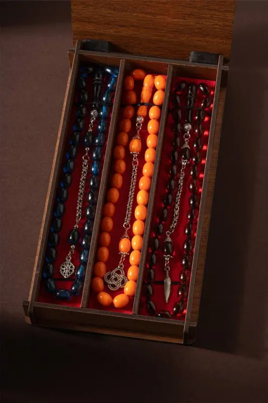 Amber Bead Prayer Set with Tassel in Wooden Box - TESBİHKENTİ