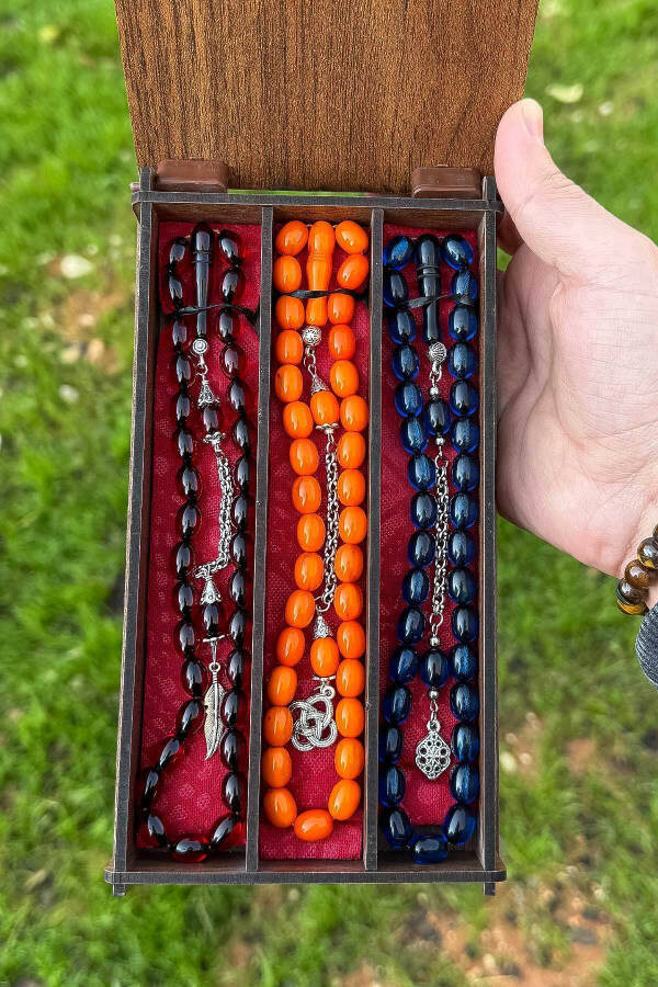 Amber Bead Prayer Set with Tassel in Wooden Box - 2