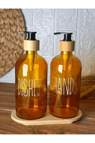 Amber Double Glass Liquid Soap Dispenser Set with Stand-Amber - 1