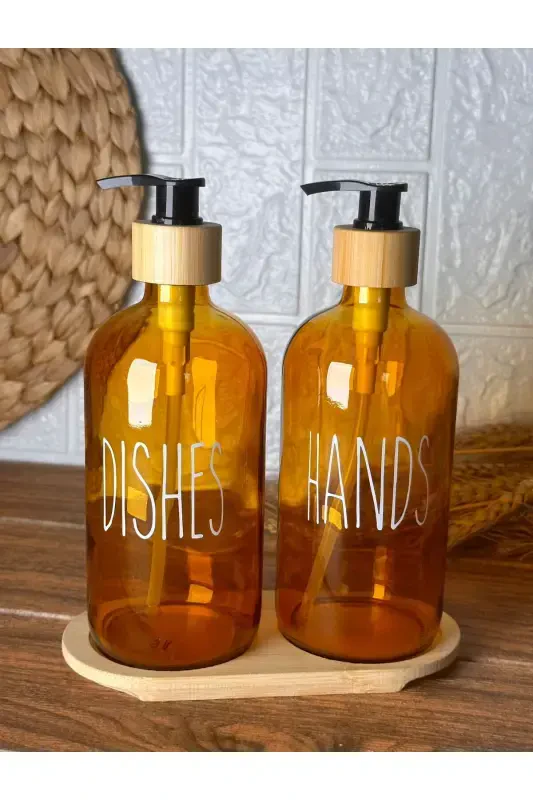 Amber Double Glass Liquid Soap Dispenser Set with Stand-Amber - 1