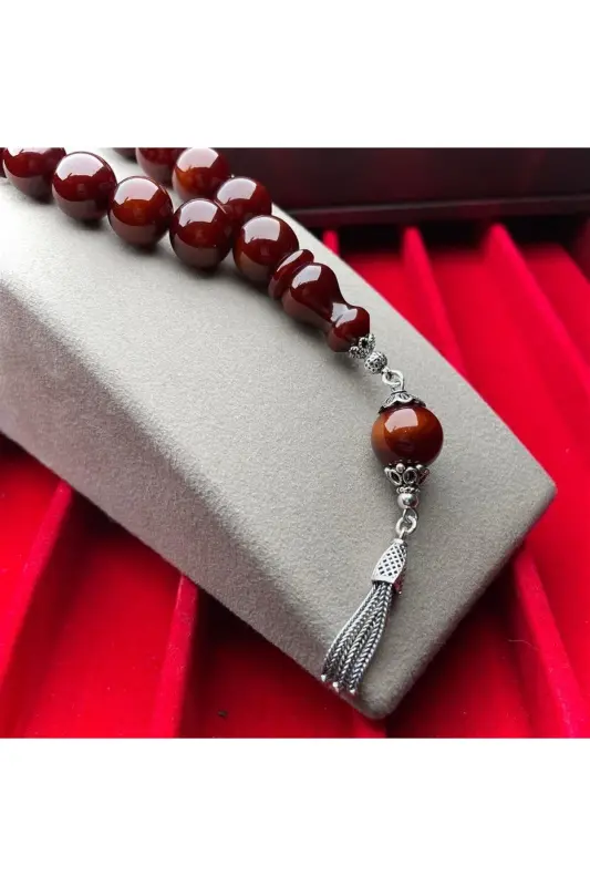 Amber fire effect prayer beads with silver design - 7