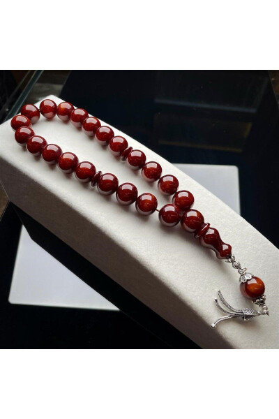 Amber fire effect prayer beads with silver design - 2