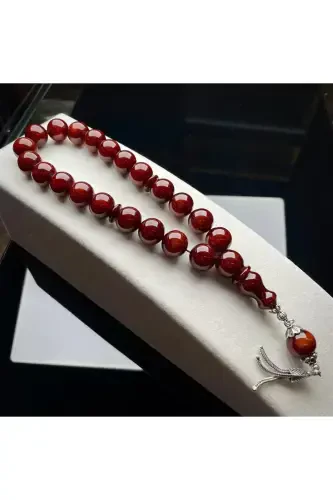 Amber fire effect prayer beads with silver design - DERGAH TESBIH (1)