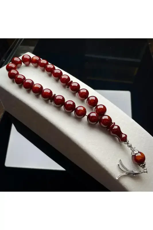 Amber fire effect prayer beads with silver design - 2