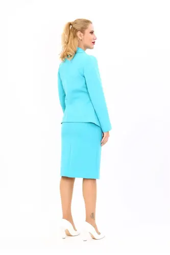 American Collar Classic Jacket & Straight Slim Skirt-Turquoise-Turquoise - 4