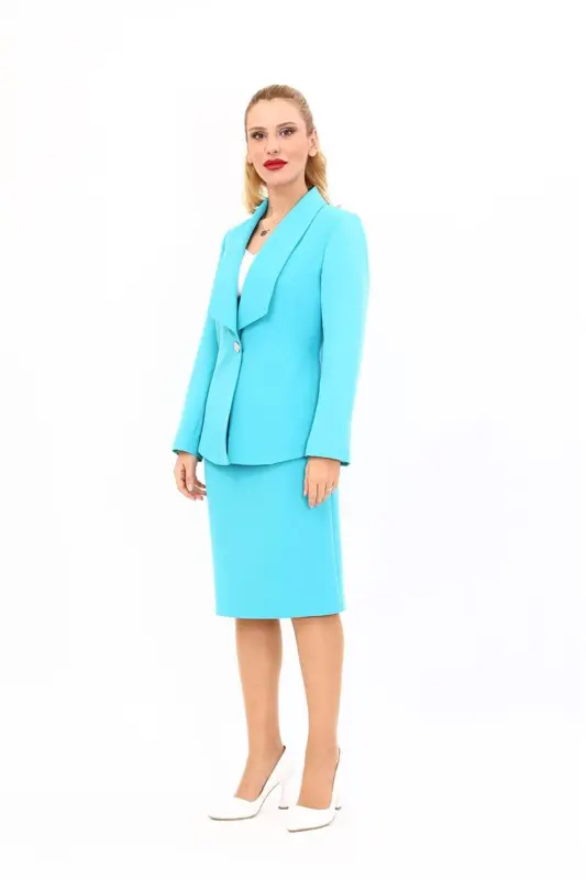 American Collar Classic Jacket & Straight Slim Skirt-Turquoise-Turquoise - 5