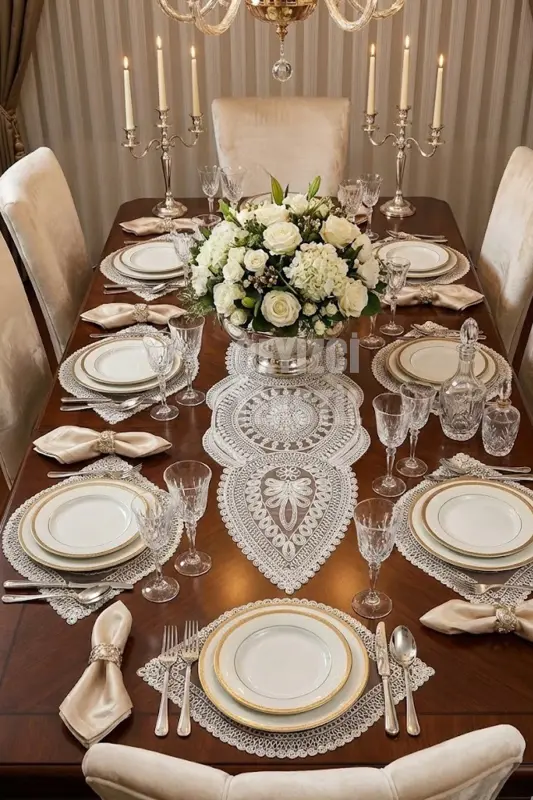American Placemat, 1 Runner 6 Charger Plate Cream Dinnerware Set, Tablecloth Set, Serving Presentation Set-MLD - 2
