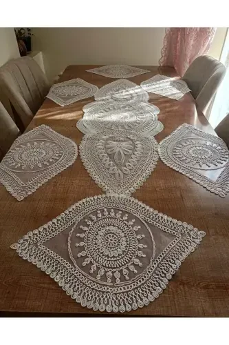 American Placemat, 1 Runner 6 Charger Plate Cream Dinnerware Set, Tablecloth Set, Serving Presentation Set-MLD - ÇT ÇEYIZCI TEKSTIL (1)