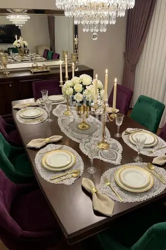 American Placemat, 1 Runner 6 Charger Plate Cream Dinnerware Set, Tablecloth Set, Serving Presentation Set-Oval 