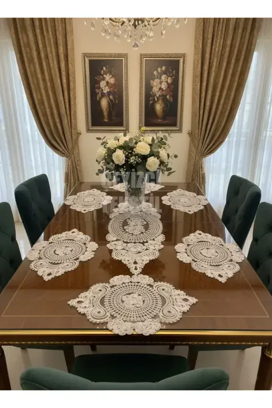 American Placemat, 1 Runner 6 Charger Plate Dining Set, Tablecloth Set, Serving Presentation Set - Ecru-Ecru - ÇT ÇEYIZCI TEKSTIL