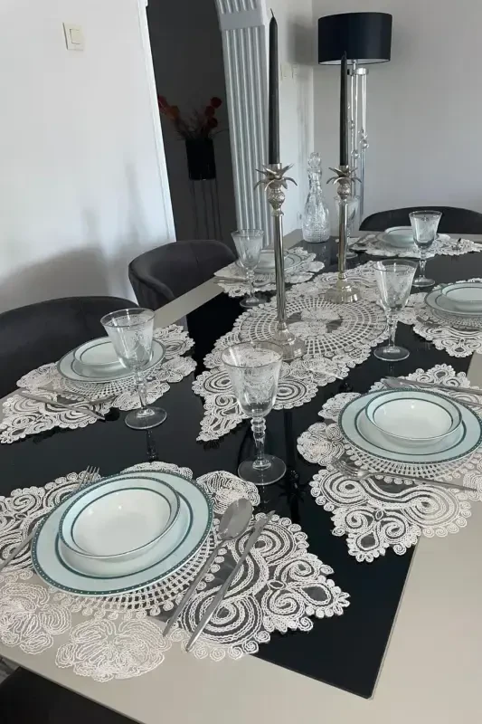 American Placemat, 1 Runner 6 Charger Plate Dining Set, Tablecloth Set, Serving Presentation Set - Ecru-Ecru - 2