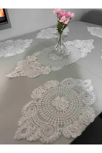 American Placemat, 1 Runner 6 Charger Plate Dining Set, Tablecloth Set, Serving Presentation Set - Ecru-Ecru - 6