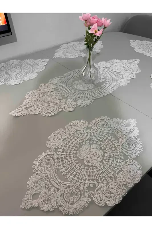 American Placemat, 1 Runner 6 Charger Plate Dining Set, Tablecloth Set, Serving Presentation Set - Ecru-Ecru - 6