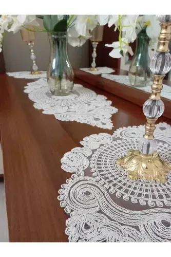 American Placemat, 1 Runner 6 Charger Plate Dining Set, Tablecloth Set, Serving Presentation Set - Ecru-Ecru - 7