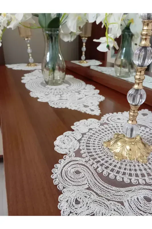 American Placemat, 1 Runner 6 Charger Plate Dining Set, Tablecloth Set, Serving Presentation Set - Ecru-Ecru - 7