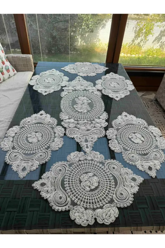 American Placemat, 1 Runner 6 Charger Plate Dining Set, Tablecloth Set, Serving Presentation Set - Ecru-Ecru - 5