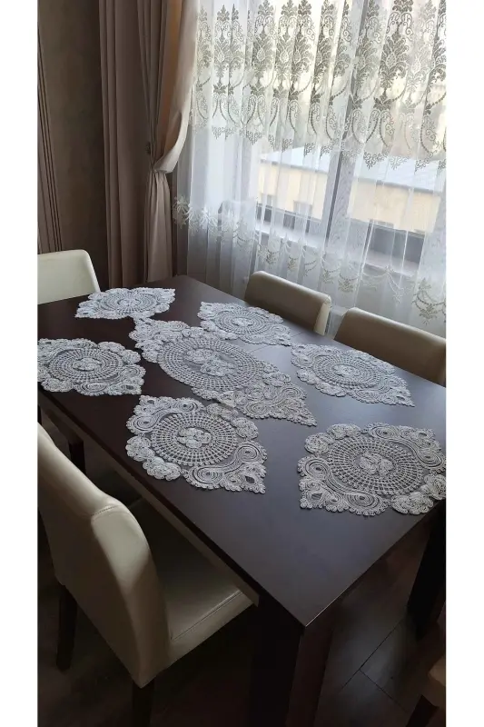 American Placemat, 1 Runner 6 Charger Plate Dining Set, Tablecloth Set, Serving Presentation Set - Ecru-Ecru - 6