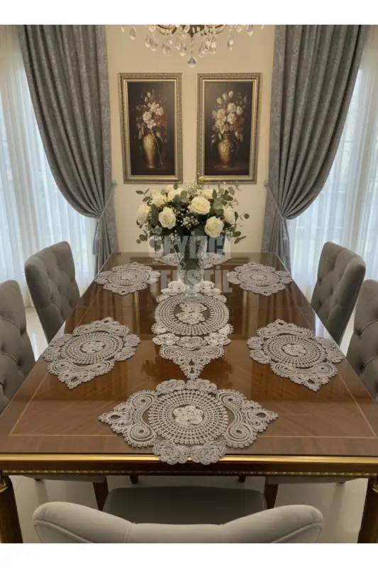 American Placemat, 1 Runner 6 Charger Plate Dining Set, Tablecloth Set, Serving Presentation Set - Gray-Gray - 1